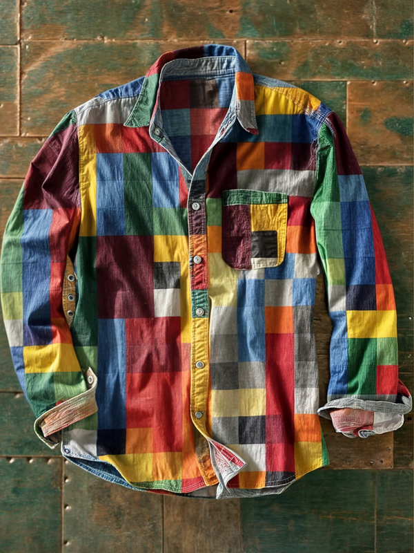 Men's Long Sleeve Patchwork Shirt with Pocket and Button Front