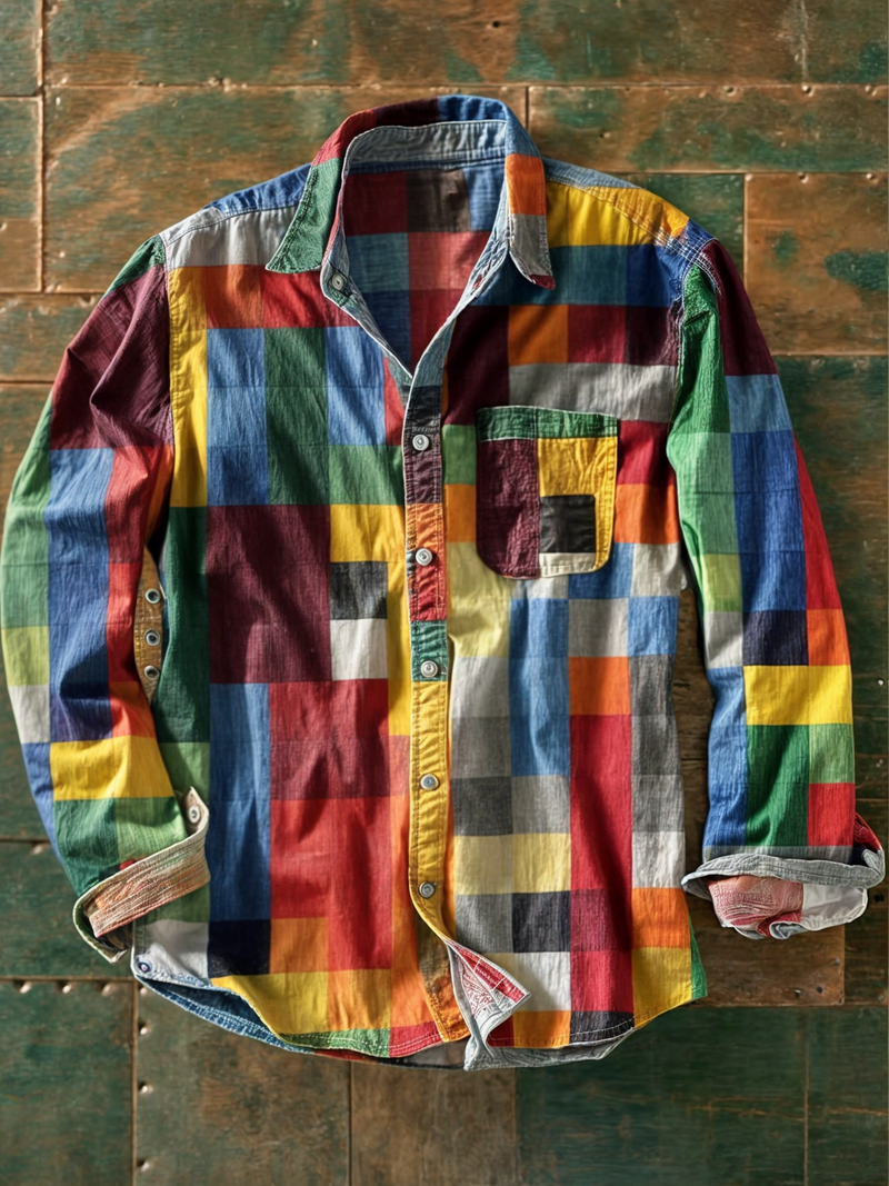 Men's Long Sleeve Patchwork Shirt with Pocket and Button Front