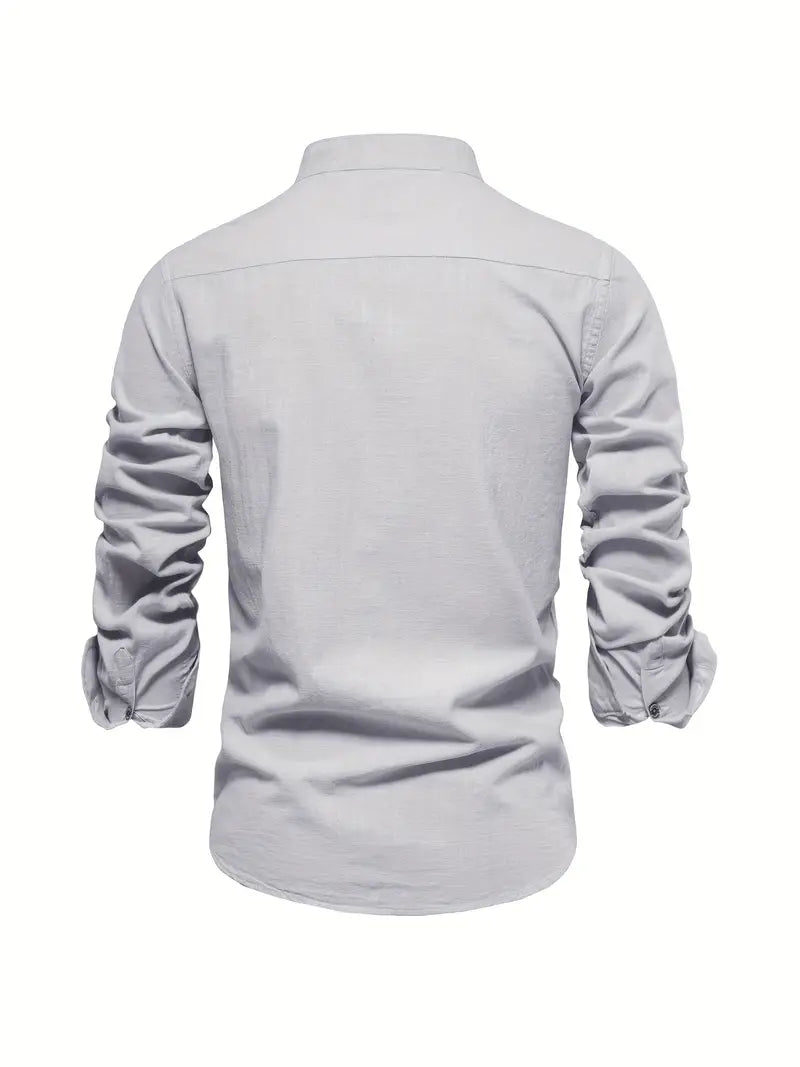 Men's Long-Sleeve Button-Up Shirt with Mandarin Collar and Logo