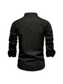 Men's Long-Sleeve Button-Up Shirt with Mandarin Collar and Logo