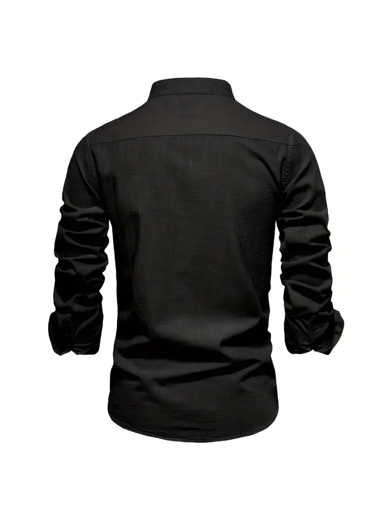 Men's Long-Sleeve Button-Up Shirt with Mandarin Collar and Logo