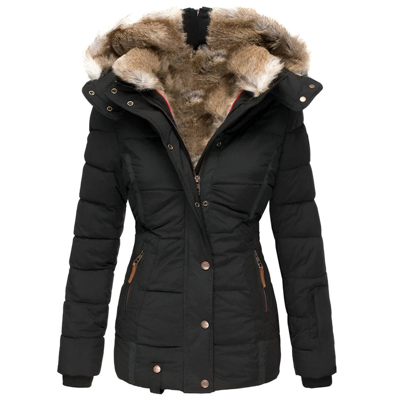 Women's Puffer Jacket with Hood and Slim Fit Design