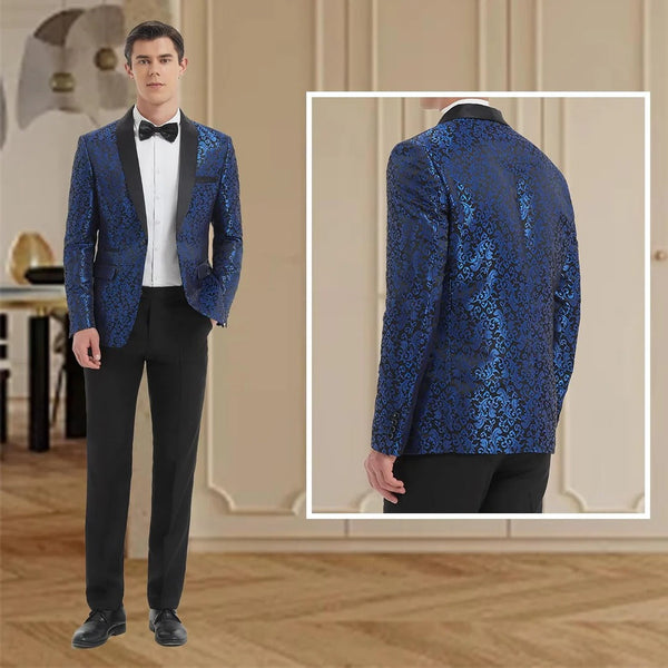 Men's Tuxedo Suit with Shiny Lapel and Patterned Blazer Two Piece Set