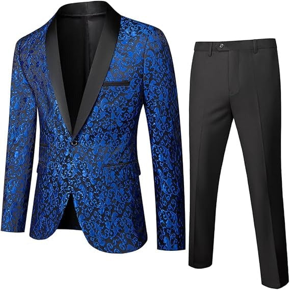 Men's Tuxedo Suit with Shiny Lapel and Patterned Blazer Two Piece Set