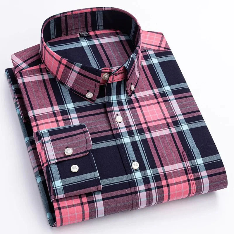 Men's Casual Long Sleeve Plaid Shirt with Button Down Front