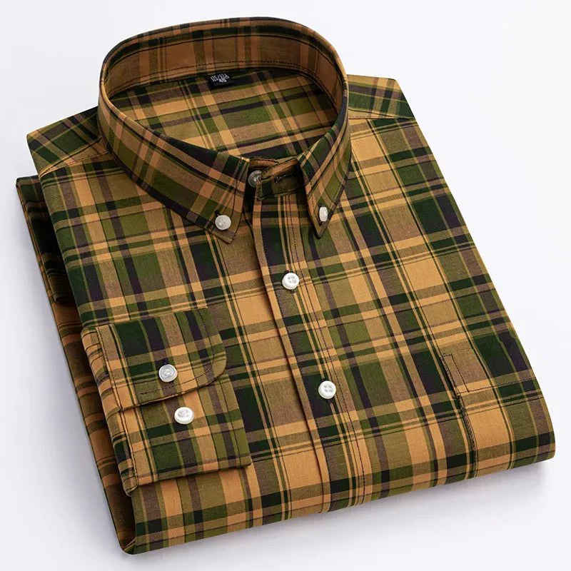Men's Casual Long Sleeve Plaid Shirt with Button Down Front