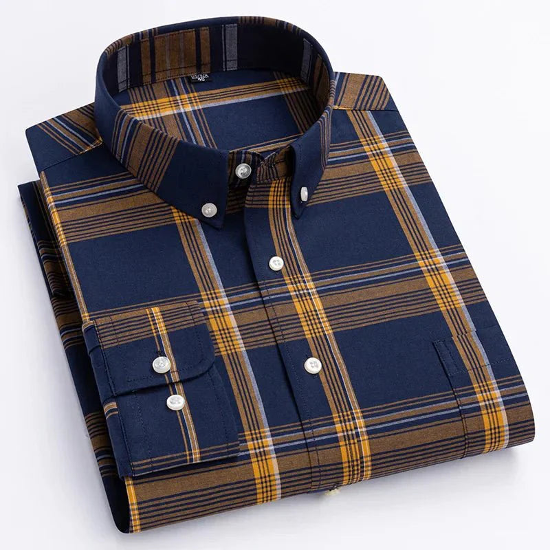 Men's Casual Long Sleeve Plaid Shirt with Button Down Front