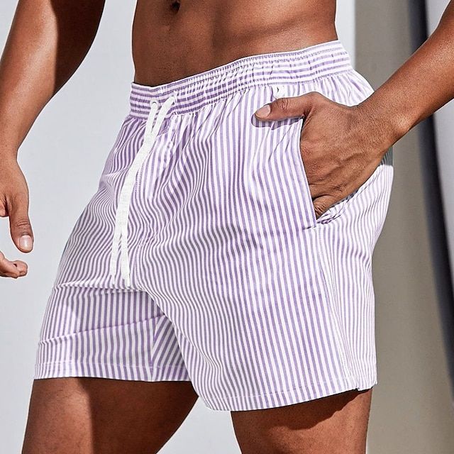 Men's Striped Swim Shorts with Drawstring Waist and Side Pockets
