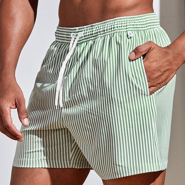 Men's Striped Swim Shorts with Drawstring Waist and Side Pockets