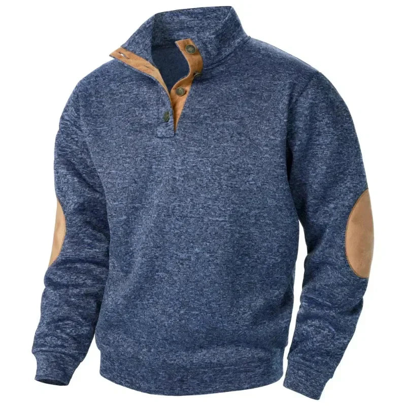 Men’s Button Neck Jumper with Stand Collar and Elbow Patches