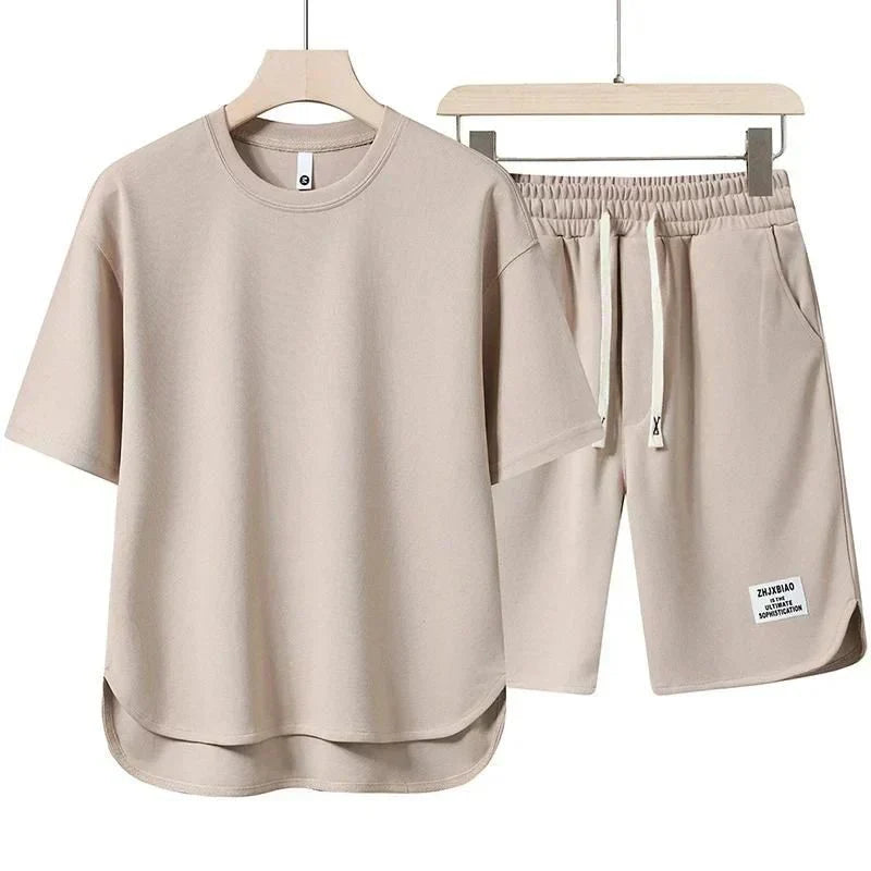 Men's Two Piece Casual T-Shirt and Shorts Set with Drawstring Waist