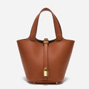 Women's Structured Top Handle Handbag with Gold Lock Accent Detail