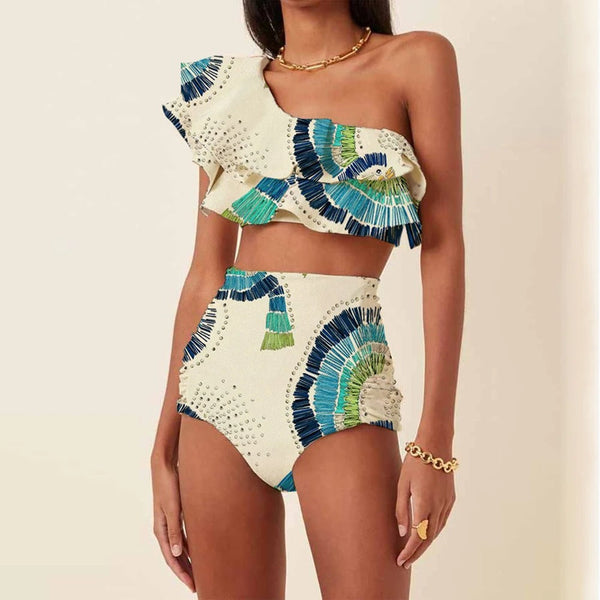 Women's One-Shoulder High-Waist Bikini Set with Embellished Detail