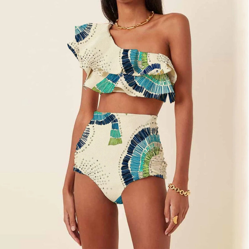 Women's One-Shoulder High-Waist Bikini Set with Embellished Detail