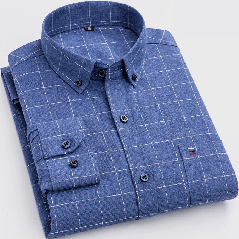 Men's Long Sleeve Checkered Shirt with Button Down Collar
