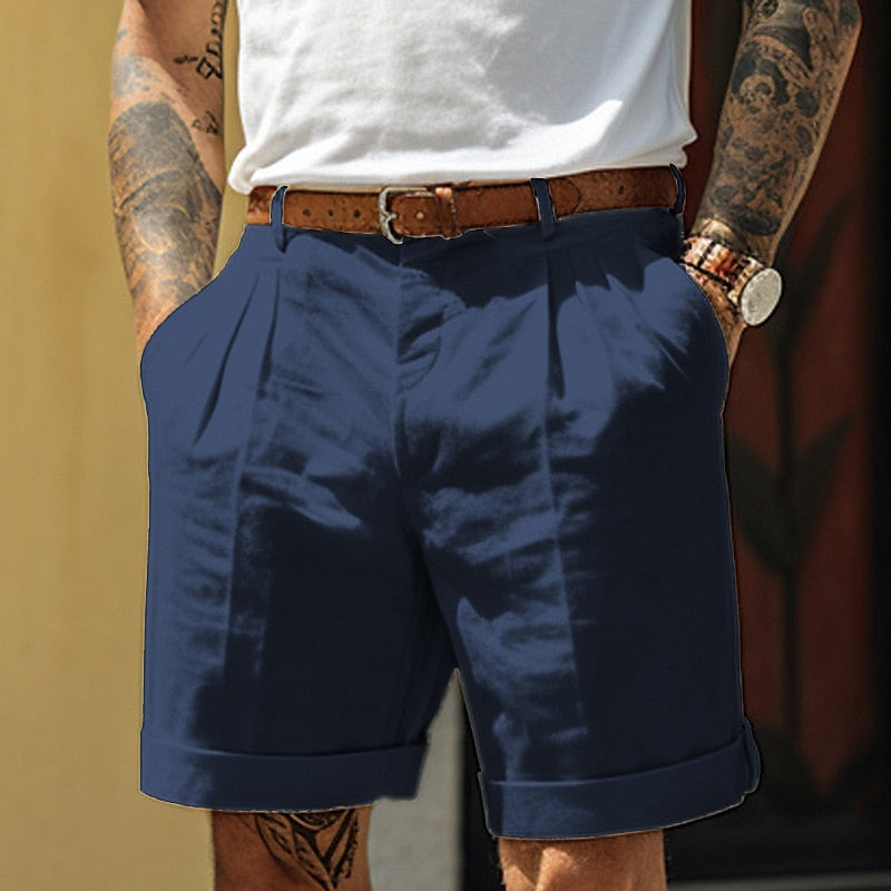 Men's Tailored Pleated Shorts with Cuffed Hem and Side Pockets